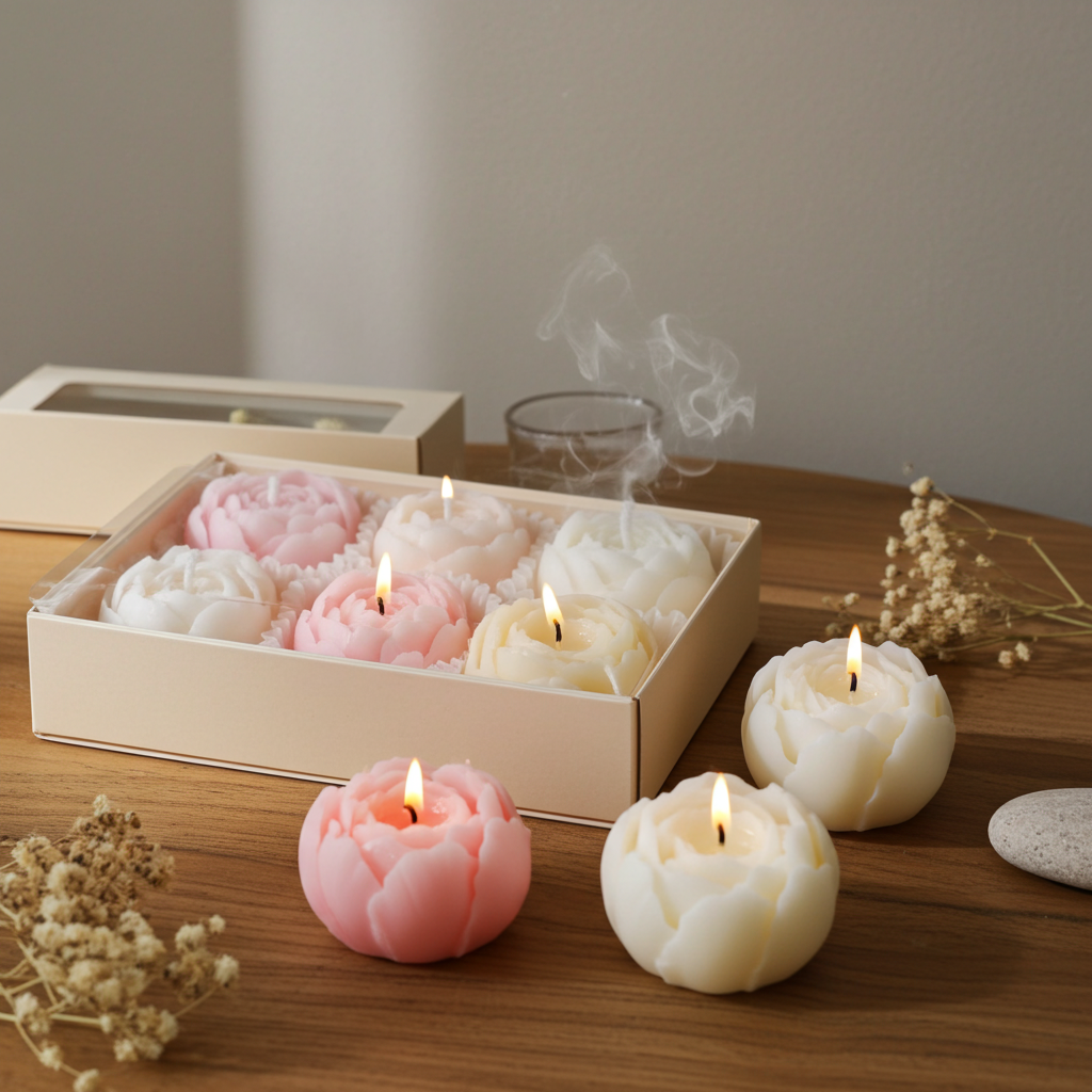 Rose Flower Soy Wax Candle Set — Handmade, Smokeless, Gift Box of 4
