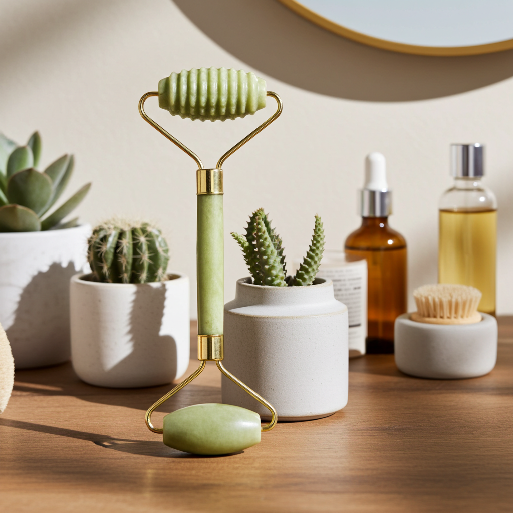 Natural Jade Face Roller — Dual Head, De-Puff & Sculpt