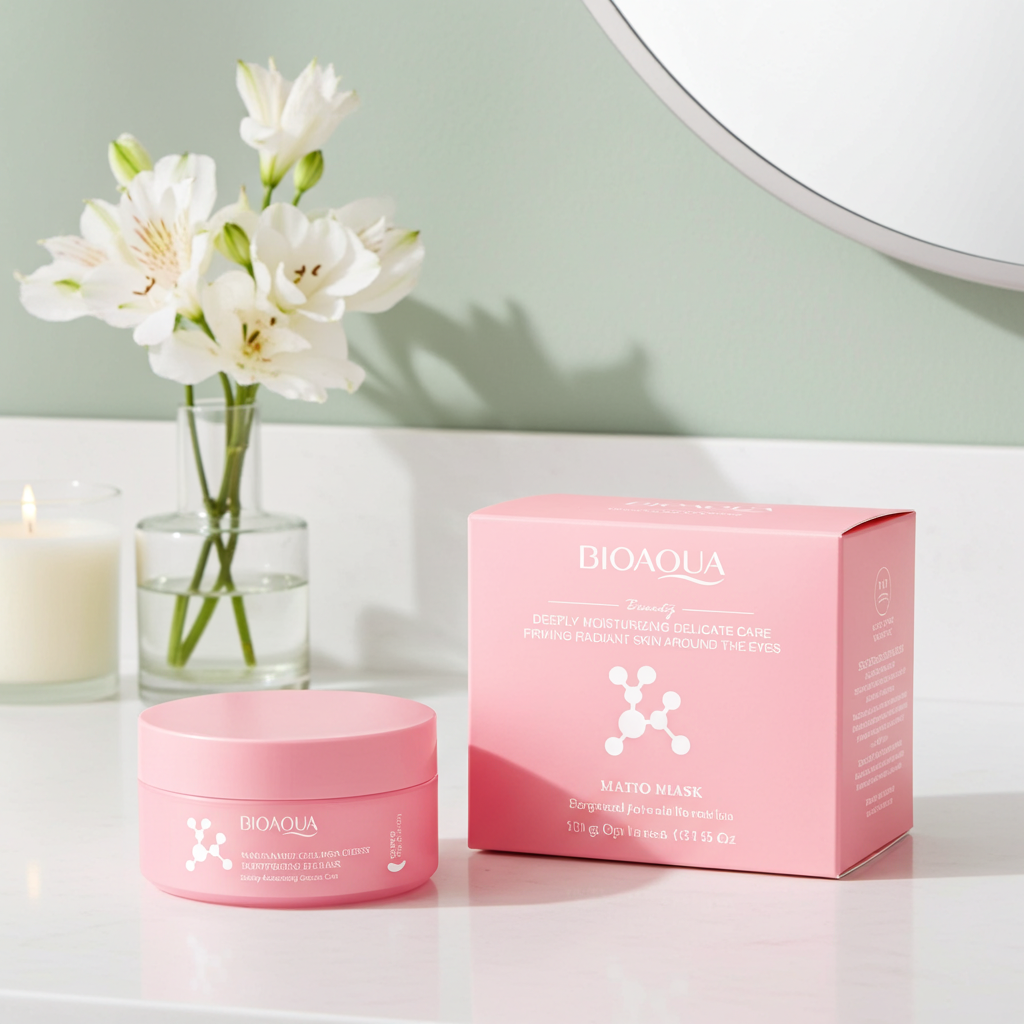 Open jar of pink collagen and niacinamide eye patches with its lid and box, on a light vanity