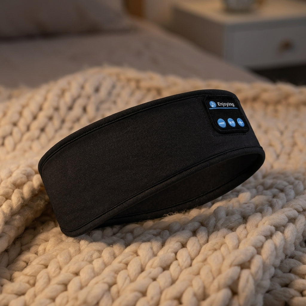 Black sleep headband laid on a chunky knit blanket in warm evening light