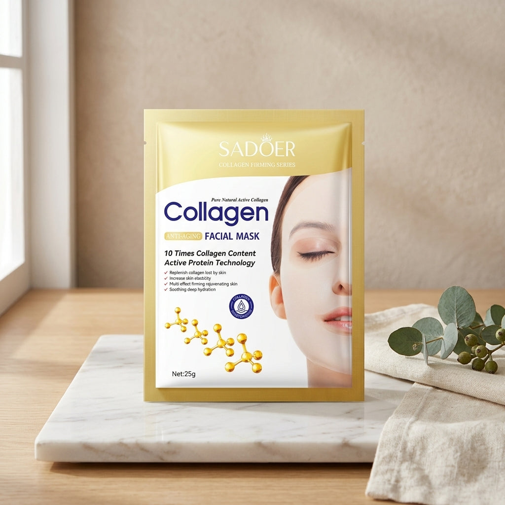 Single collagen sheet mask sachet standing on a marble slab beside folded linen and a eucalyptus sprig