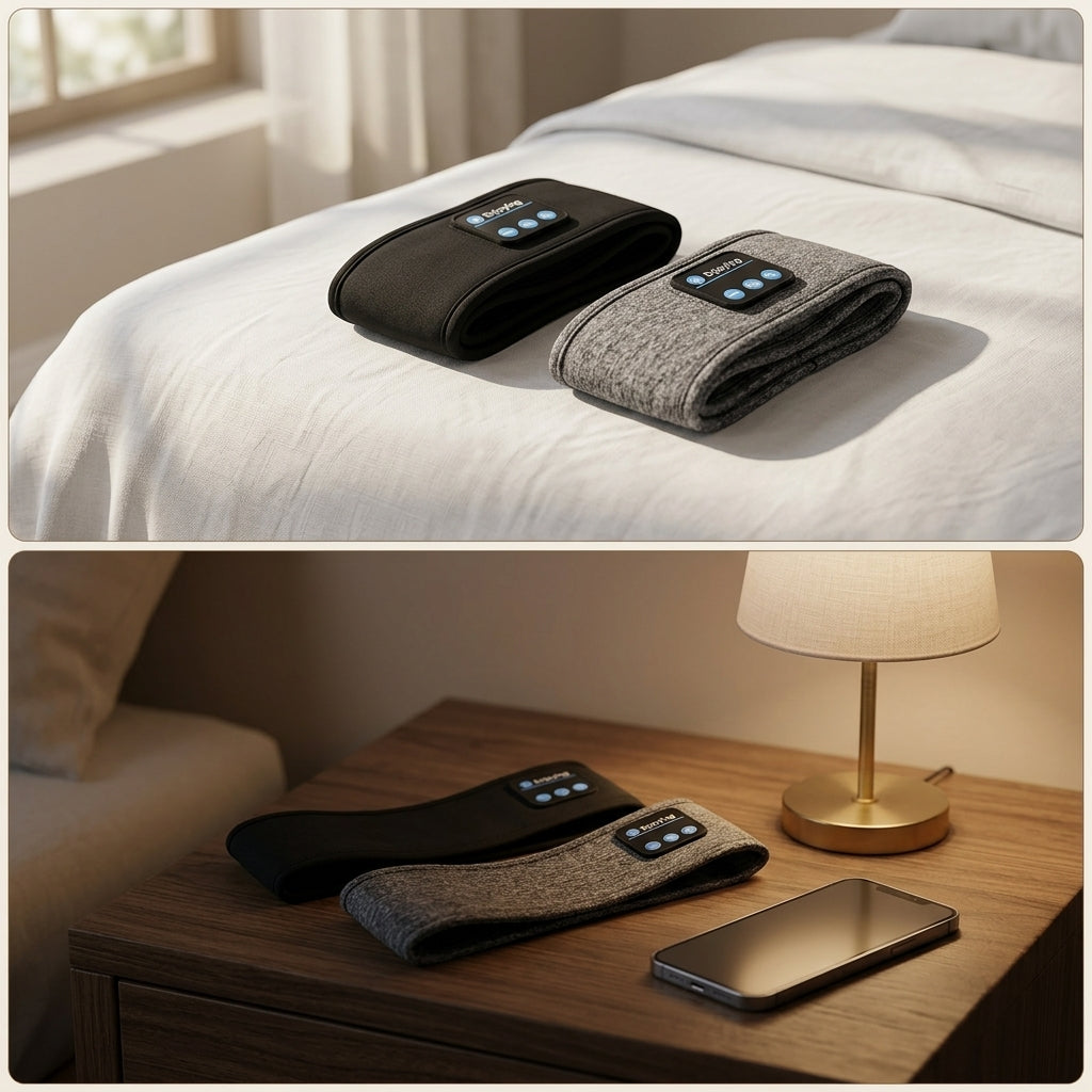 Black and grey sleep headbands shown twice: rolled together on a made bed, and laid out on a wooden nightstand beside a lamp and a phone