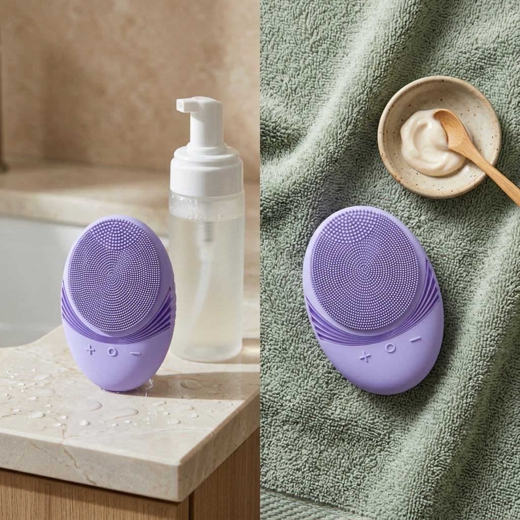 Lilac cleansing brush shown twice: on a marble ledge beside a foaming cleanser, and on a sage green towel with a bowl of cream