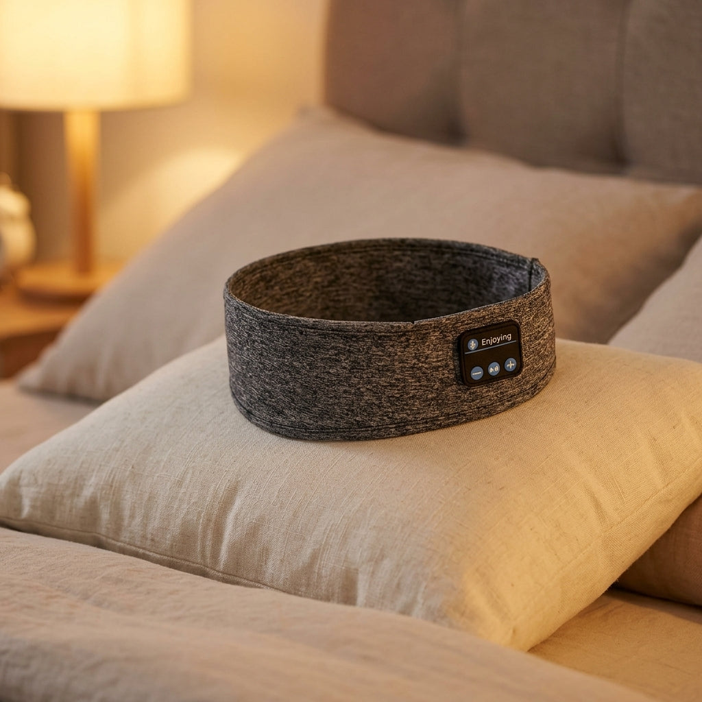 Grey marl sleep headband resting on a cream pillow in warm lamplight