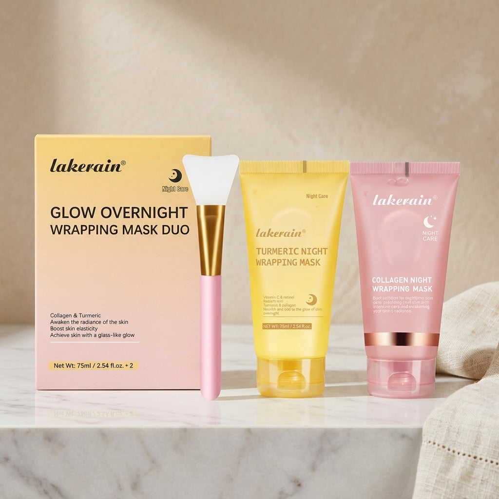 Glow Overnight duo box with the yellow turmeric tube, the pink collagen tube and the silicone applicator brush