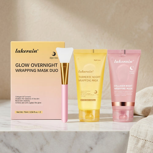 Glow Overnight duo box with the yellow turmeric tube, the pink collagen tube and the silicone applicator brush