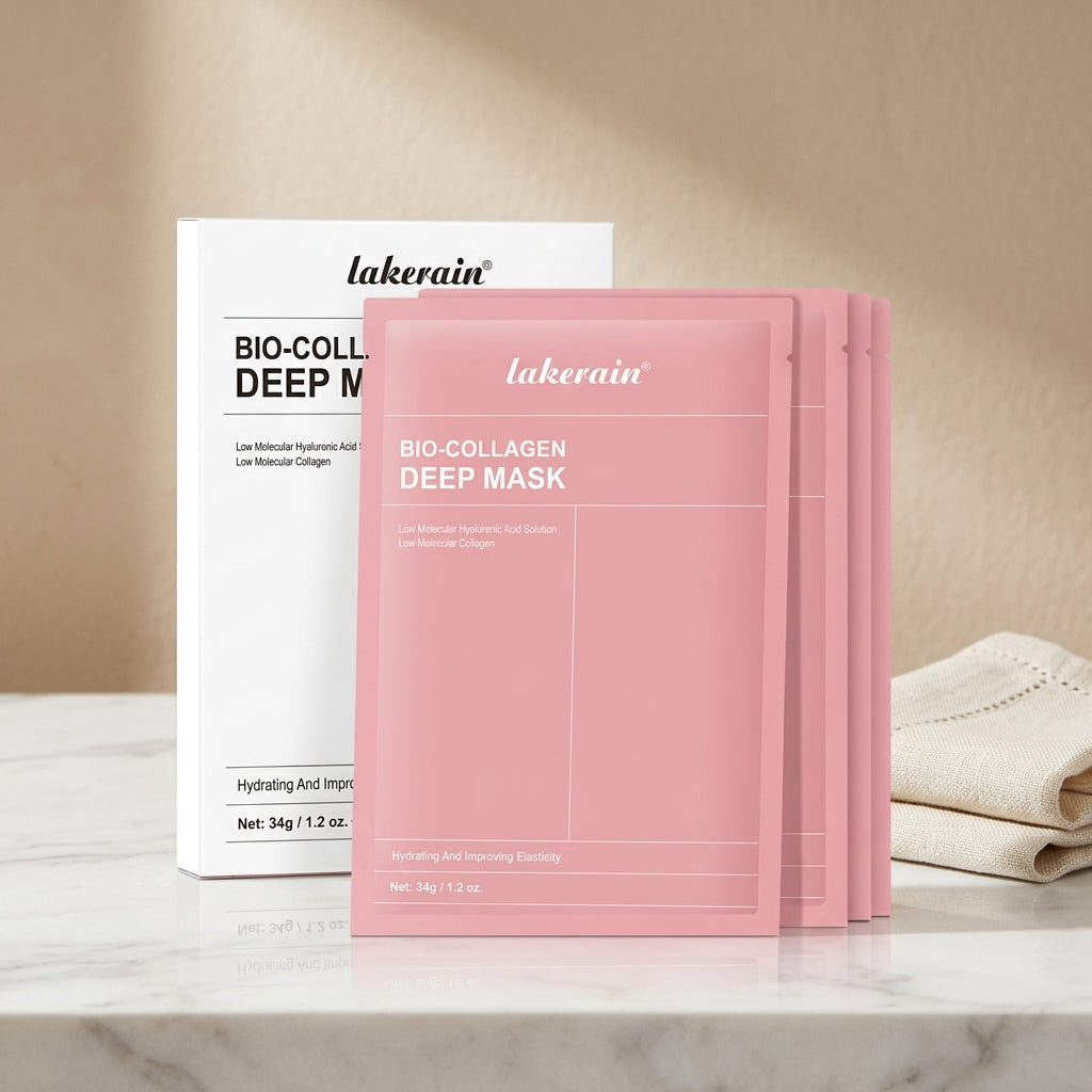 Full ritual set: the bio-collagen deep mask box with four sachets fanned out beside folded linen