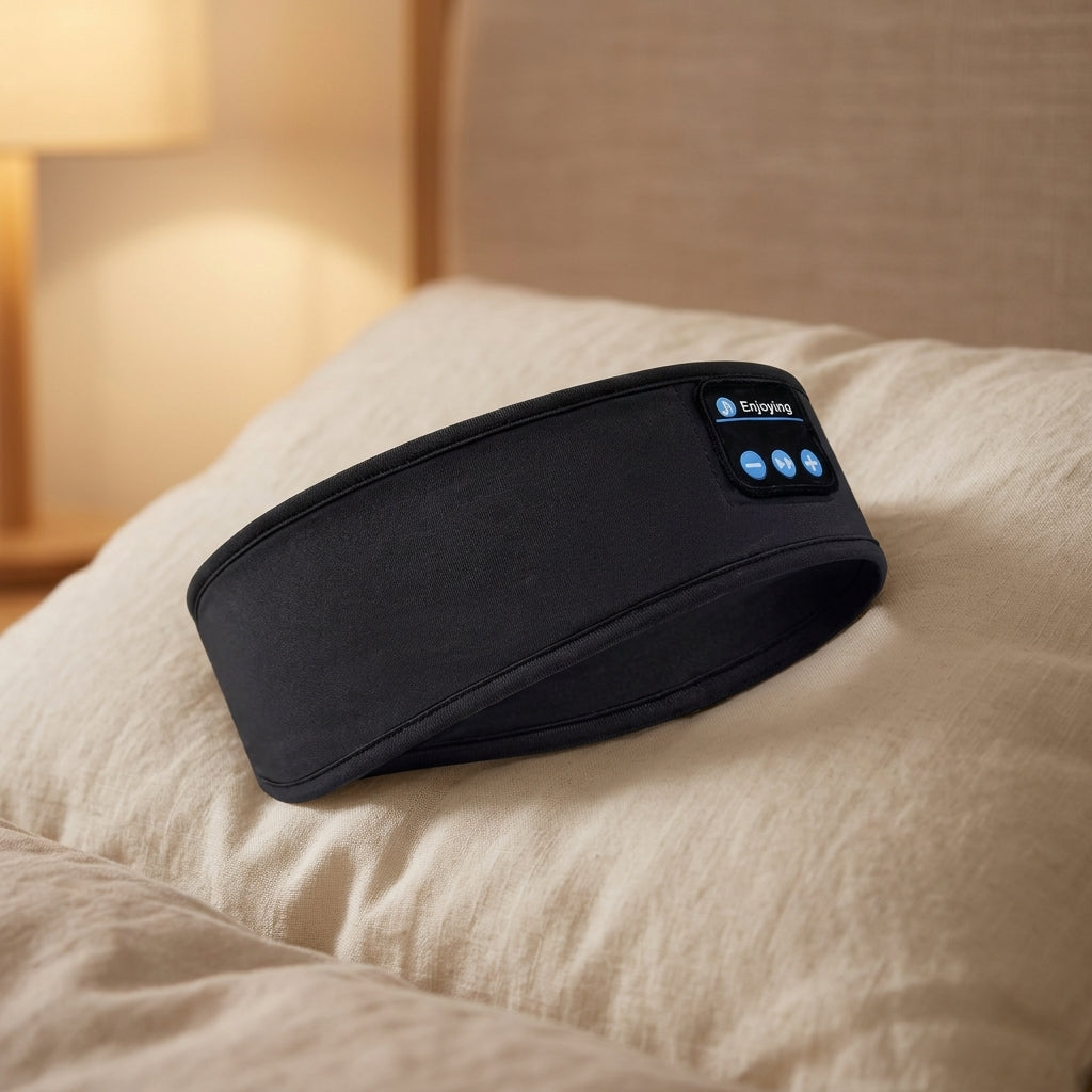 Black sleep headband resting on a cream pillow, control module with its three buttons facing up, bedside lamp glowing behind