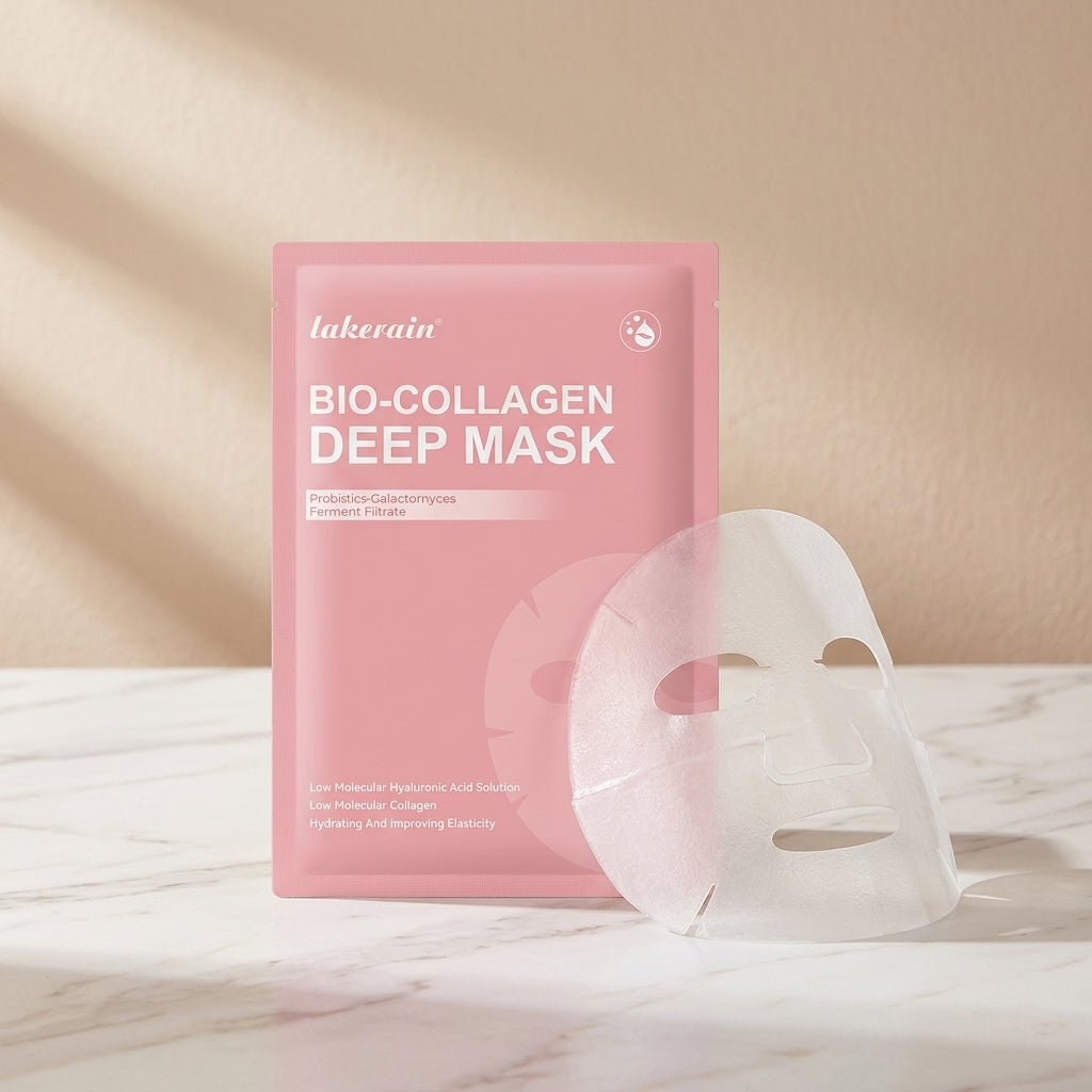 Bio-collagen deep mask sachet standing upright with the mask sheet unfolded in front of it