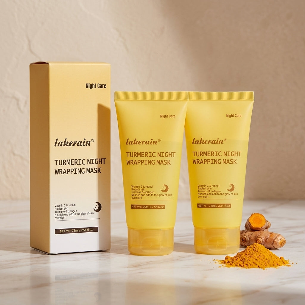 Turmeric duo: the box with two yellow turmeric night mask tubes and fresh turmeric root and powder