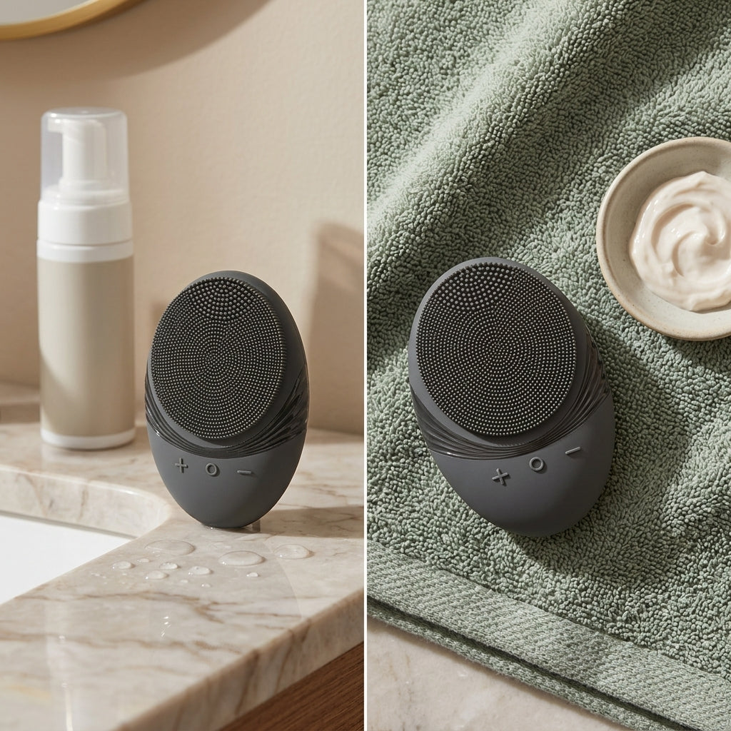 Grey cleansing brush shown twice: on a marble basin beside a foaming cleanser, and on a sage green towel next to a dish of cream