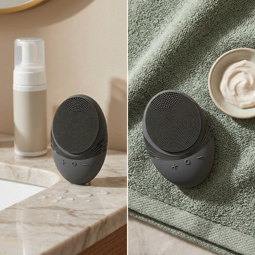 Grey cleansing brush shown twice: on a marble basin beside a foaming cleanser, and on a sage green towel next to a dish of cream