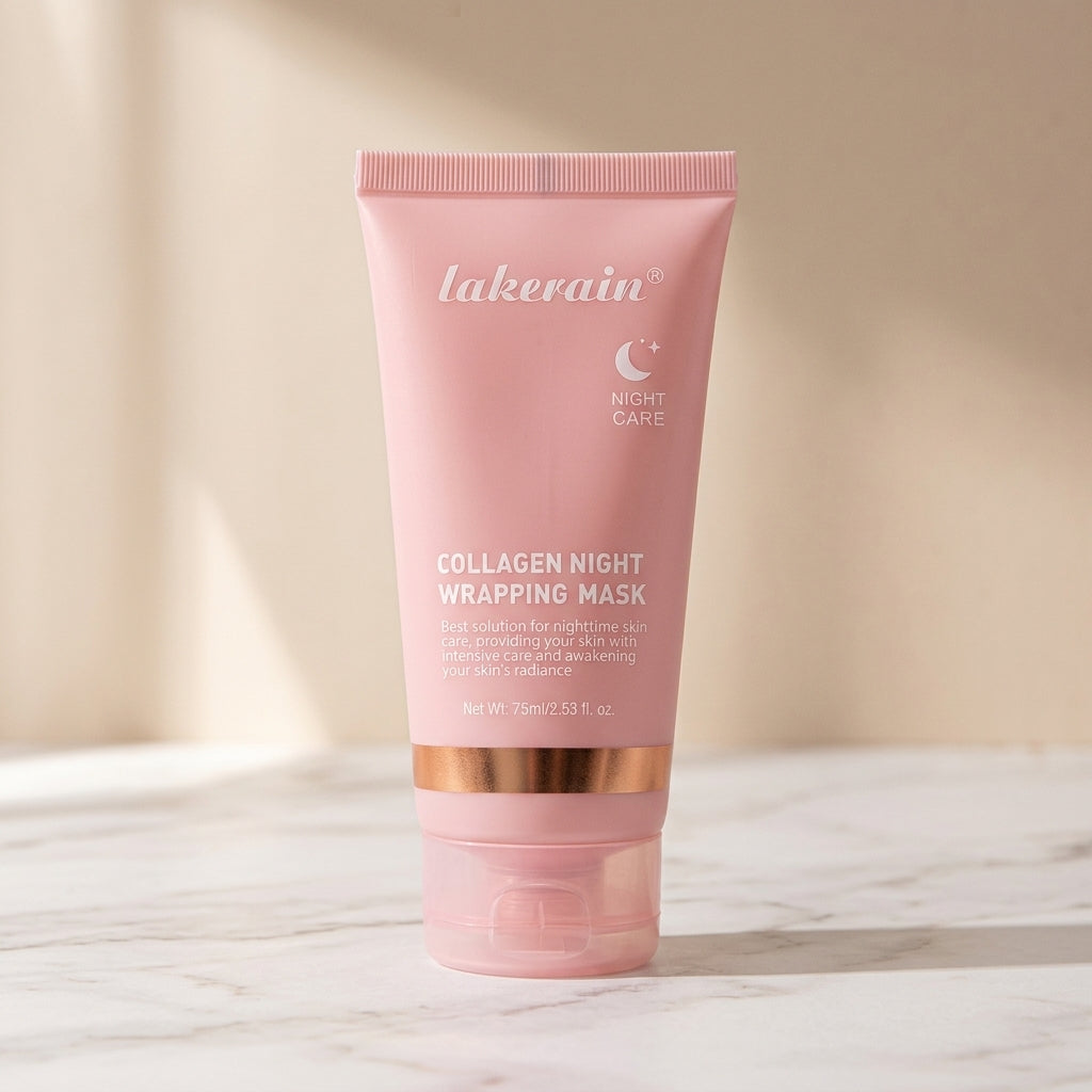 Pink collagen night wrapping mask tube alone on a marble surface in soft daylight