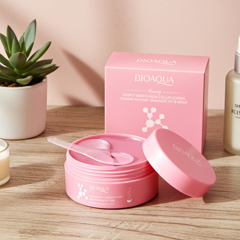 Pink BIOAQUA collagen and niacinamide eye patch jar next to its box on a marble vanity