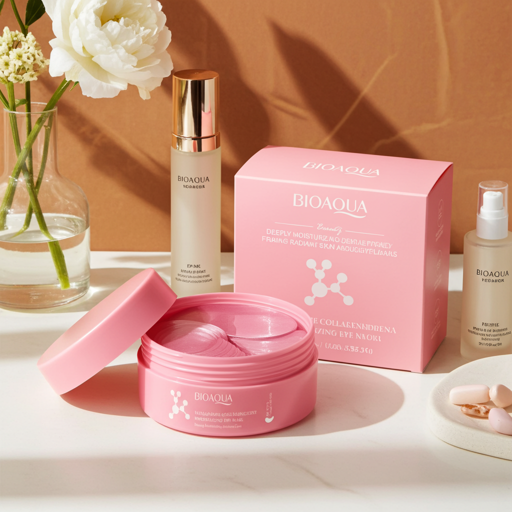 Open jar of pink hydrogel eye patches with its applicator spatula, beside the box