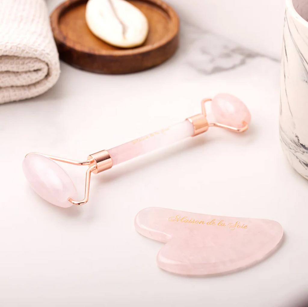 Rose Quartz Gua Sha & Face Roller Set — Sculpt, Lift & Glow