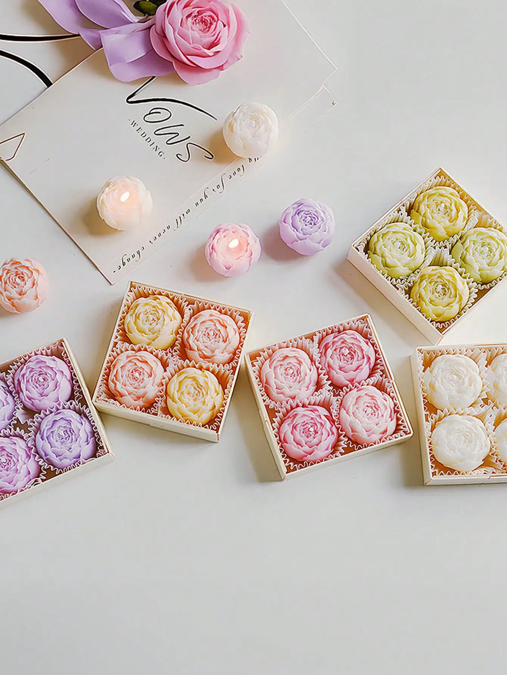 Rose Flower Soy Wax Candle Set — Handmade, Smokeless, Gift Box of 4