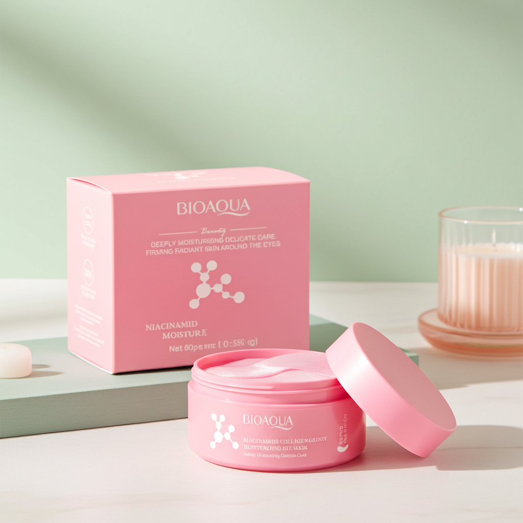 Pink BIOAQUA eye patch jar open beside its box, styled on a bright vanity