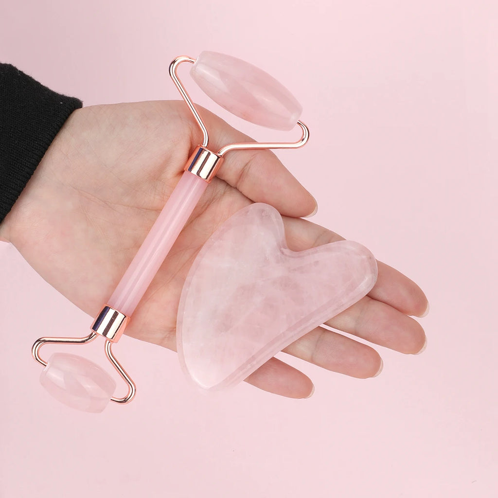 Rose Quartz Gua Sha & Face Roller Set — Sculpt, Lift & Glow