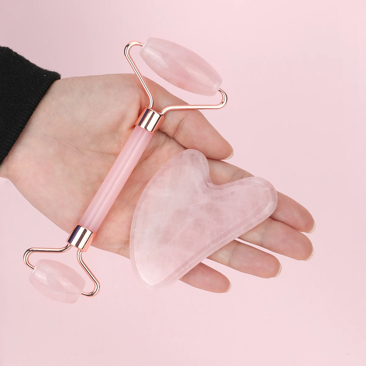 Rose Quartz Gua Sha & Face Roller Set — Sculpt, Lift & Glow
