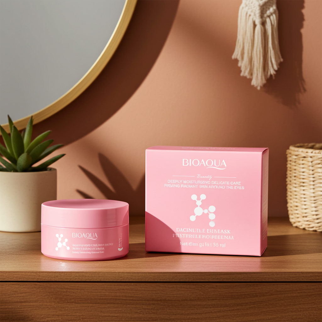 Eye patch jar and pink box on a wooden shelf beside a round mirror