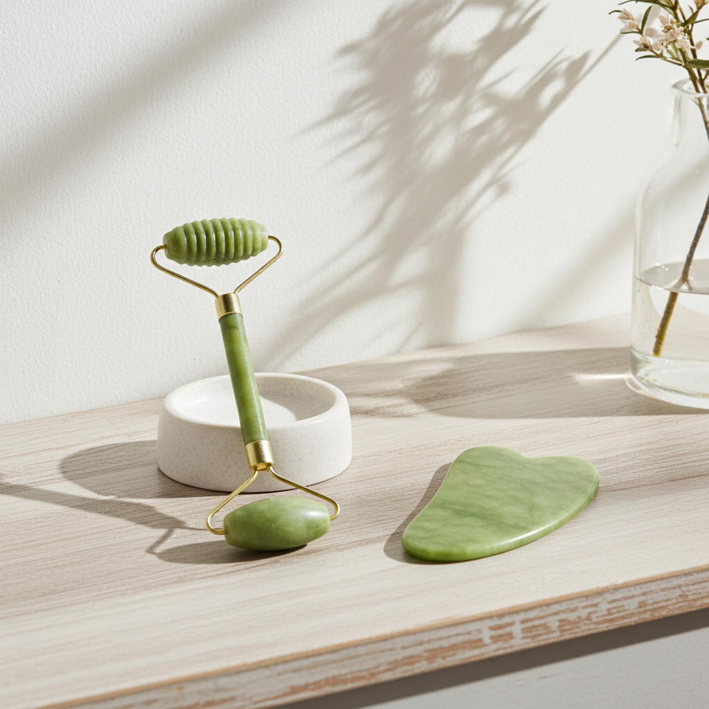 Natural Jade Face Roller — Dual Head, De-Puff & Sculpt
