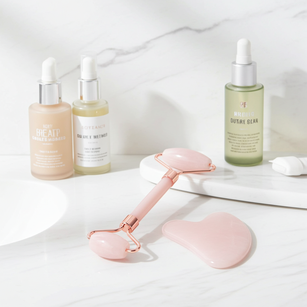 Rose Quartz Gua Sha & Face Roller Set — Sculpt, Lift & Glow