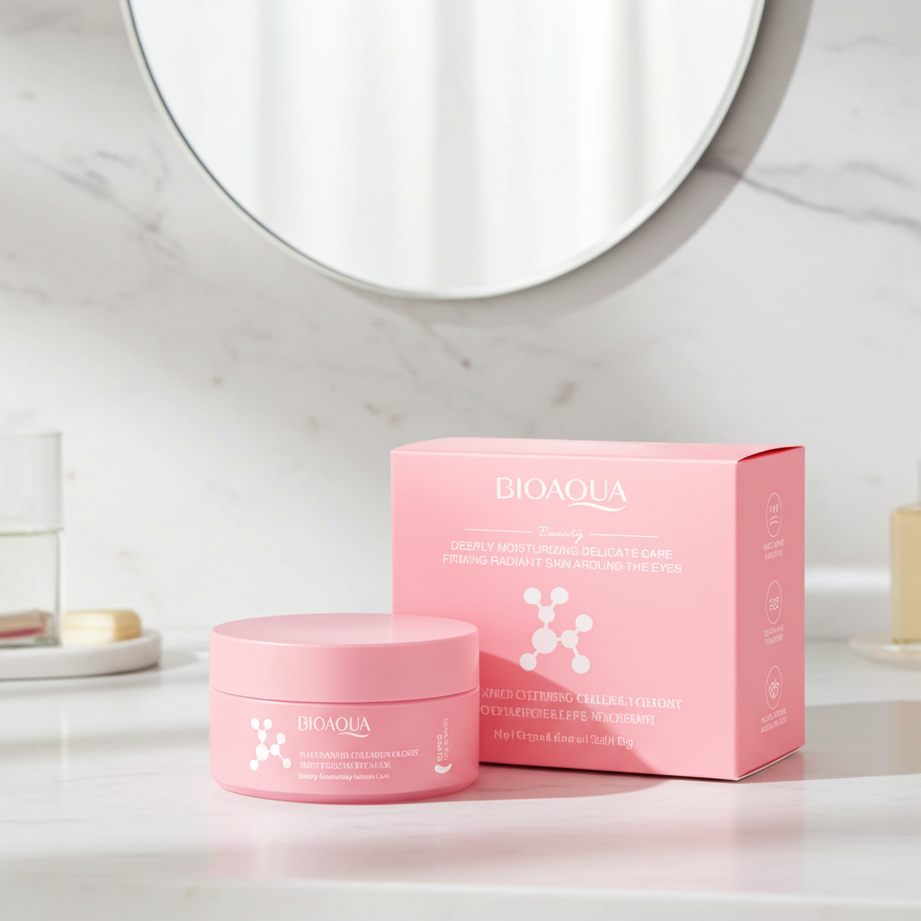 Eye patch jar on a vanity styled with a peony and other skincare bottles, sold separately